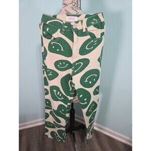 Petunia green smiley face print jeans extra small boho hippie flare